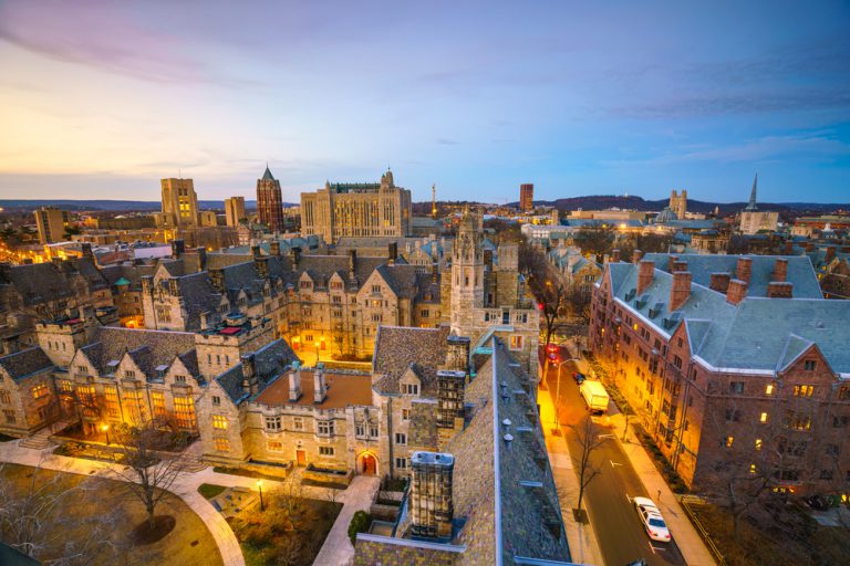 Historical building and Yale university campus in downtown New Haven CT, USA