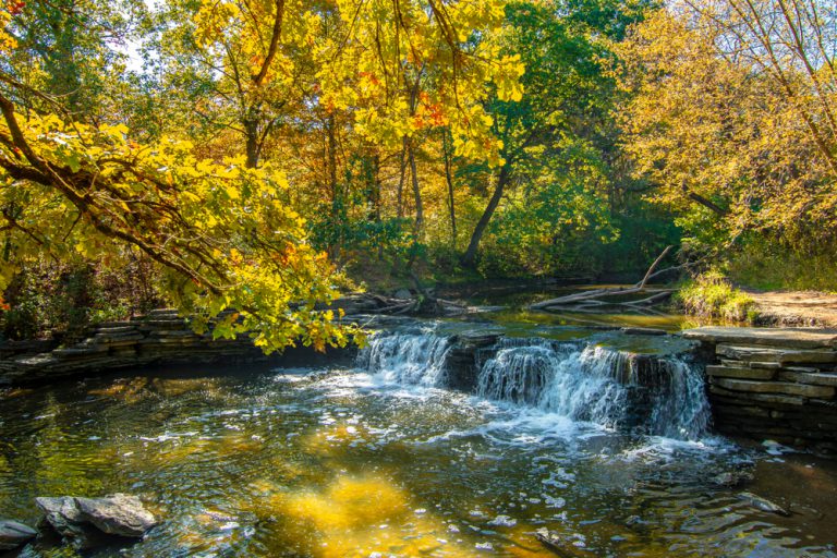 Waterfall surrounded by trees in Glen Forest Preserve in Illinois.