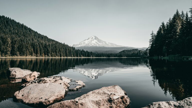 View of a mountain across a lake, something you might see while Oregon boondocking