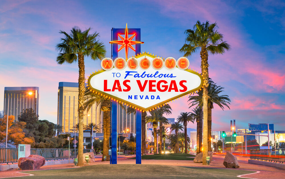 Las Vegas, Nevada, USA at the Welcome to Las Vegas Sign at dusk.