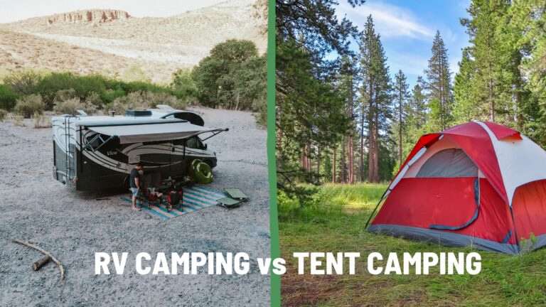 Two images comparing rv camping with tent camping