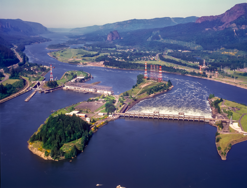 Aerial photo of Bonneville dam and the Columbia River near Cascade Locks, Oregon along the historic Columbia River Highway