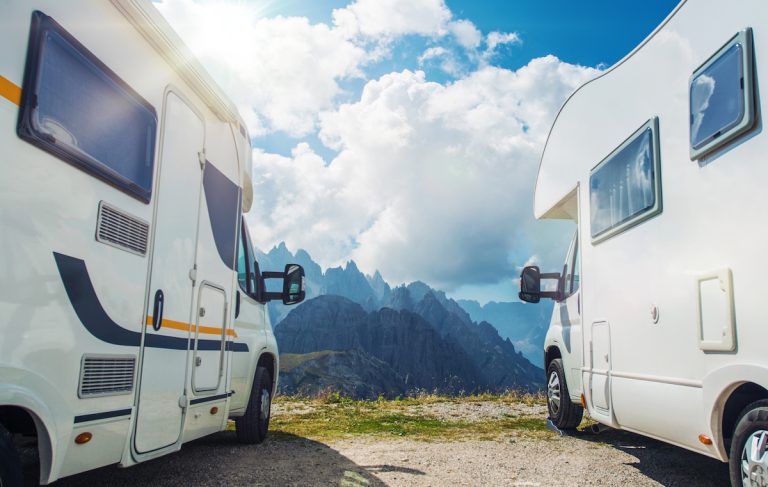 two rv's with mountain view