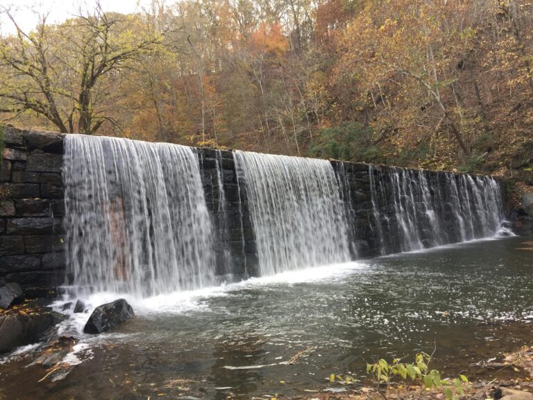 A waterfall flowing over a stone wall into a river with browning trees and foliage in the background during the daytime.