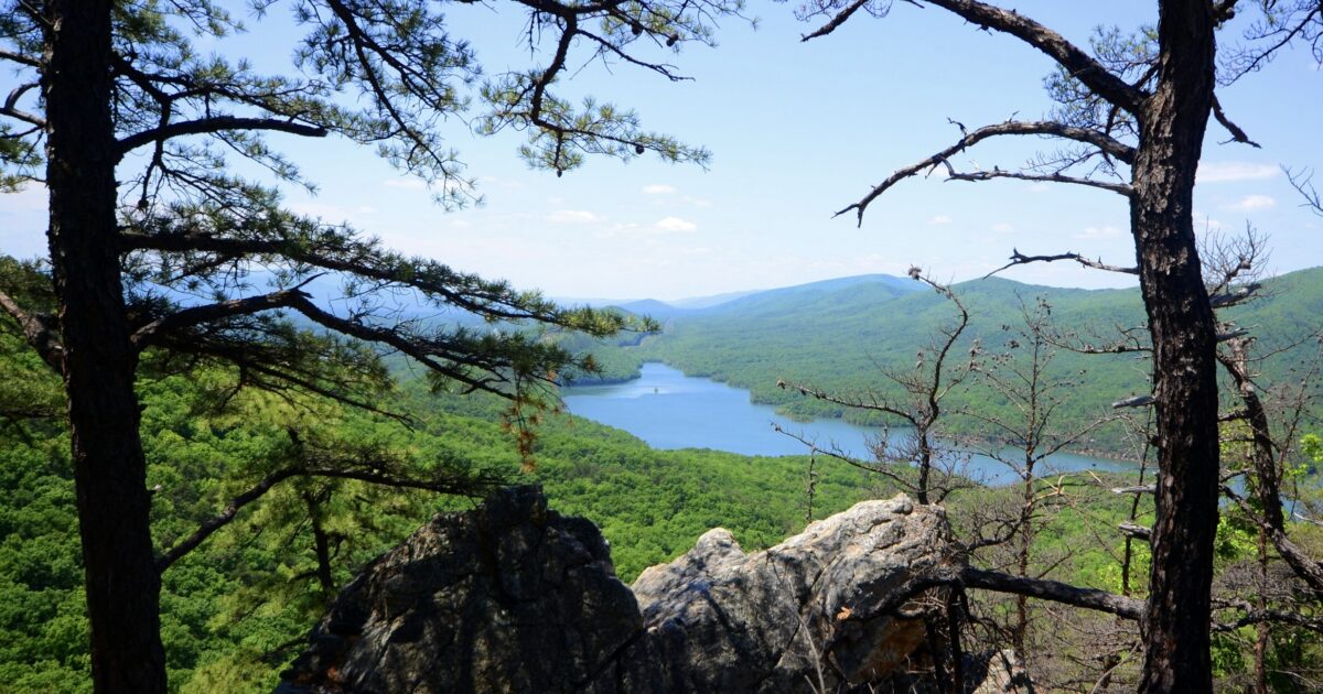 Gorgeous view of water from top of mountain, something you might see while Virginia boondocking