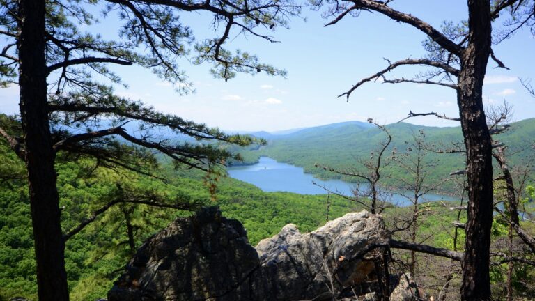 Gorgeous view of water from top of mountain, something you might see while Virginia boondocking