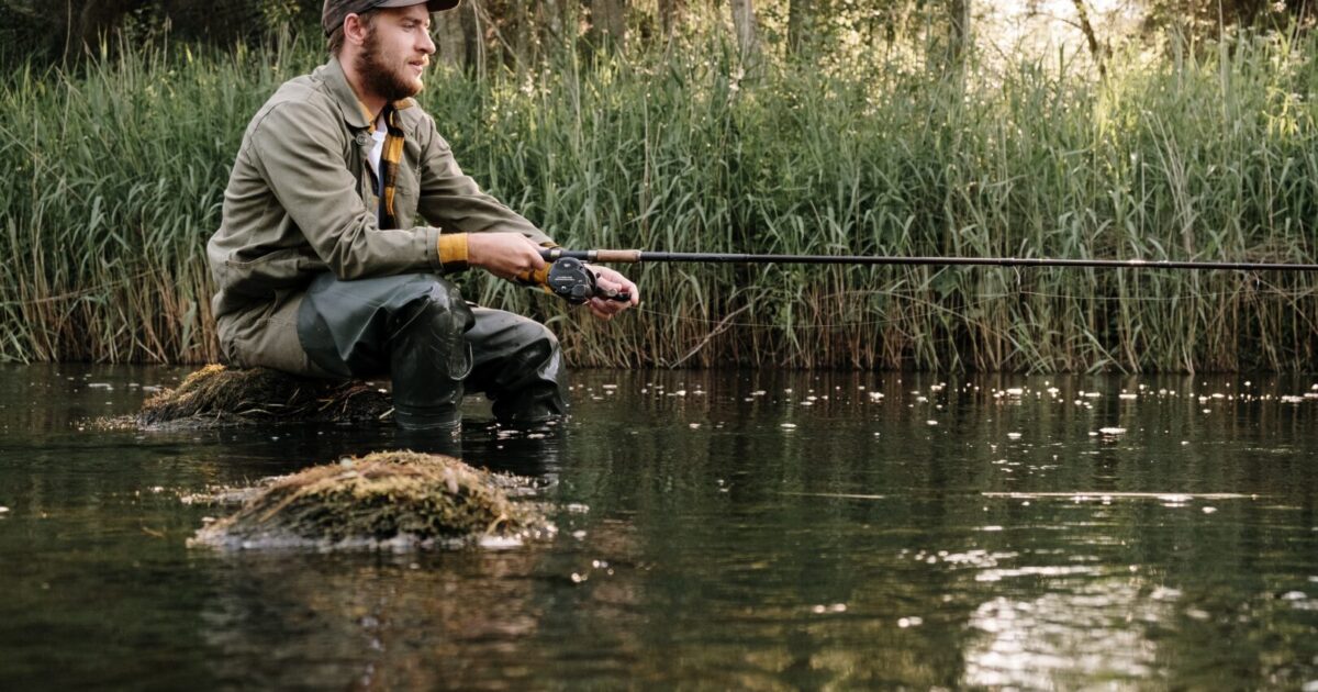 a person fishing in a swamp like area