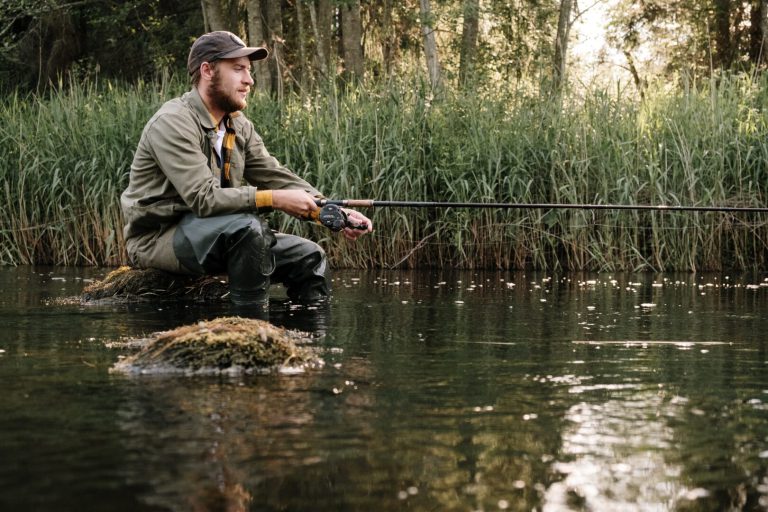 a person fishing in a swamp like area