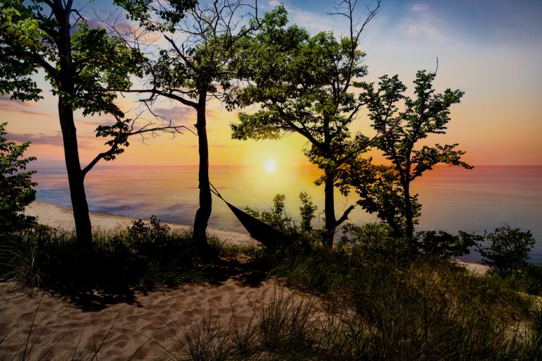 A hammock hangs between two trees growing on a dune just above a large body of water.