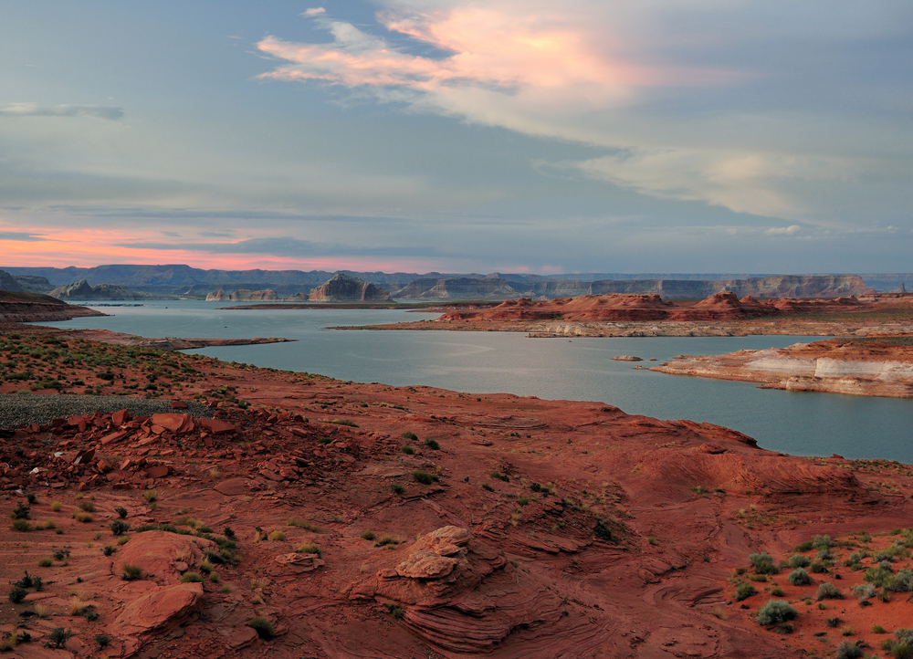 View To Wahweap Marina At Lake Powell Arizona On A Sunny Summer Day With A Clear Blue Sky And A Few Clouds