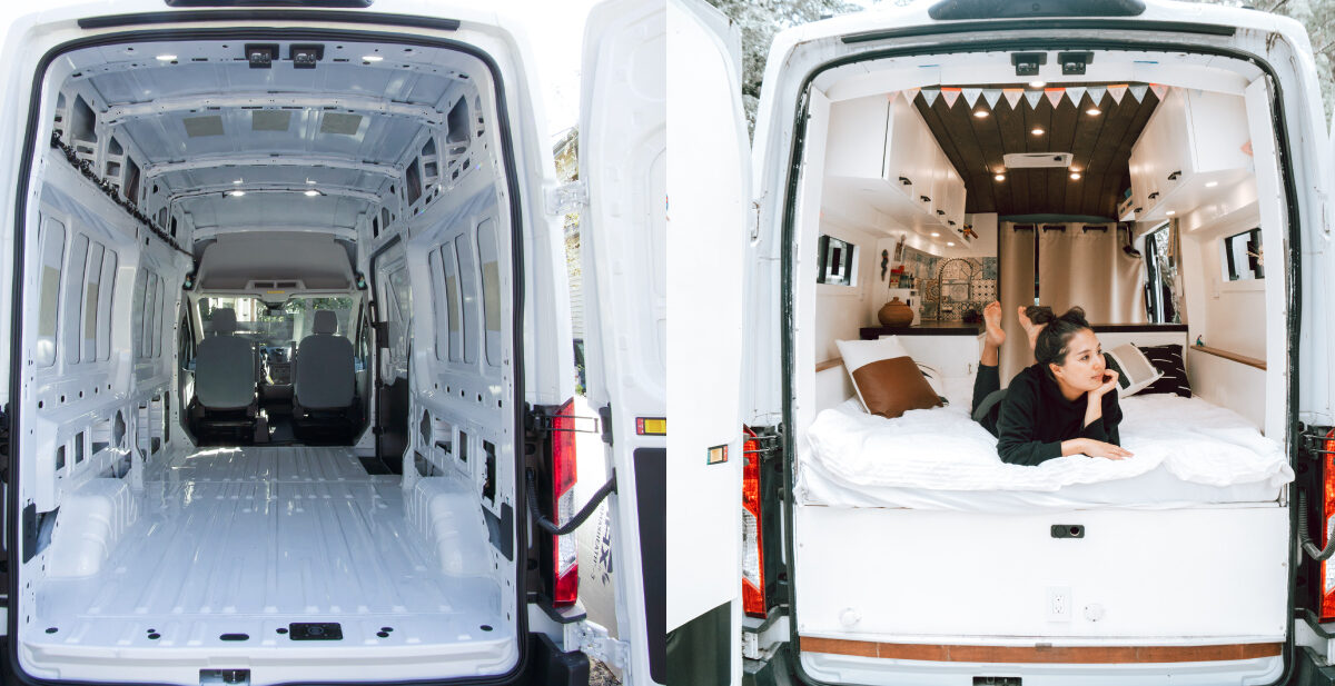 before and after image of a converted campervan