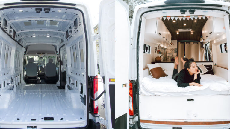 before and after image of a converted campervan