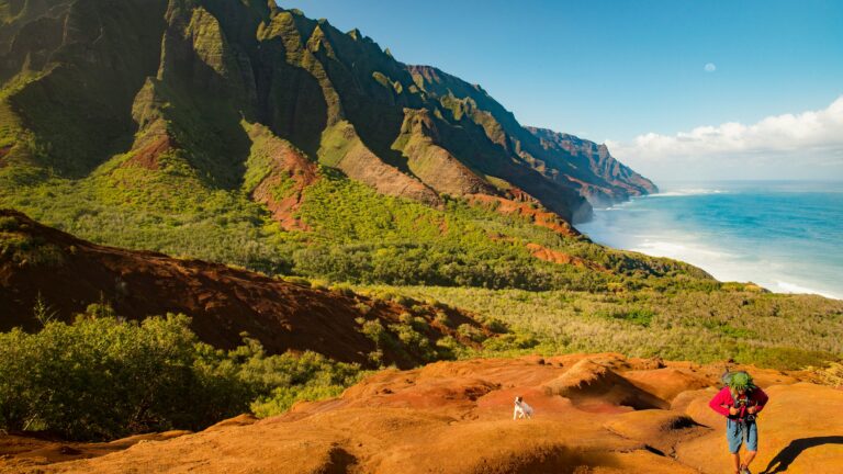 A hiker with a mountain and the ocean in the background.