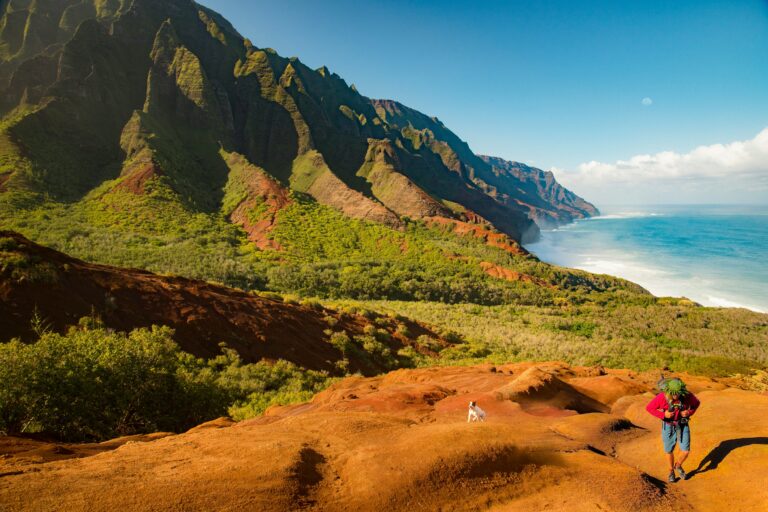 A hiker with a mountain and the ocean in the background.