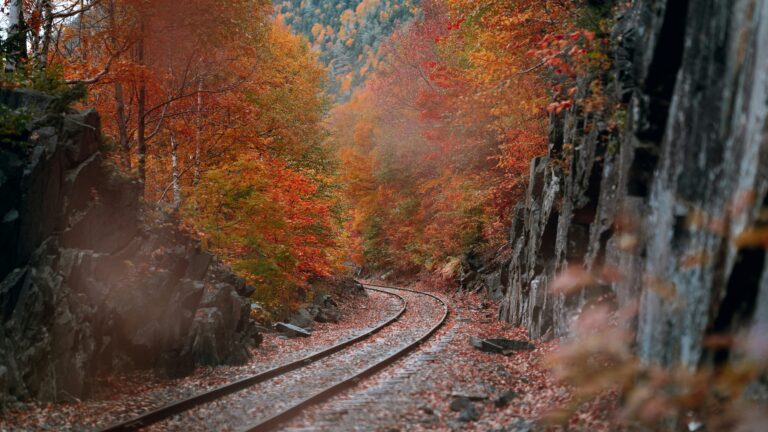 A railroad track winds through a valley with vibrant autumn foliage in shades of orange, yellow, and red.