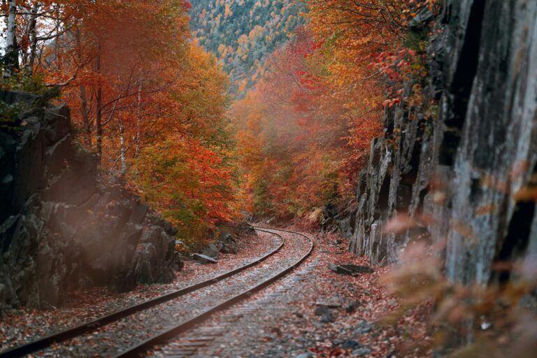 A railroad track winds through a valley with vibrant autumn foliage in shades of orange, yellow, and red.