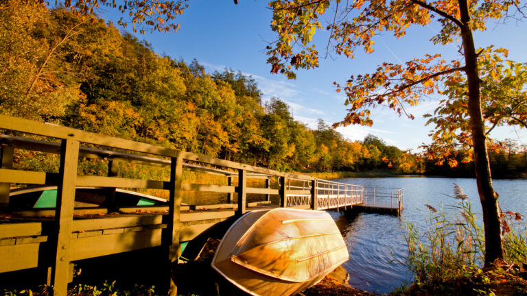 A row boat leans against a wooden pier in a lake surrounded by autumn trees under a bright blue sky while fishing in New York
