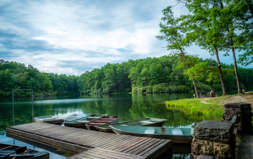 Several small boats at a small wooden dock in a lake surrounded by dense green forest. A person sits, fishing in West Virginia, further down the shore.