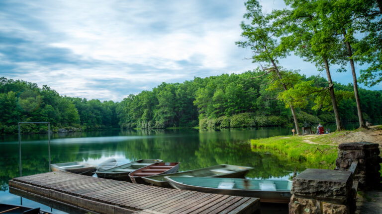 Several small boats at a small wooden dock in a lake surrounded by dense green forest. A person sits, fishing in West Virginia, further down the shore.