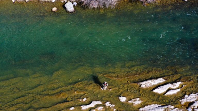 An angler wading and fishing in a calm, blue-green river surrounded by red scrub brush and a brown, rocky mesa while fishing in New Mexico