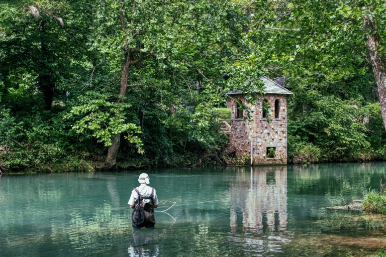 Person fly fishing in front of a riverbank covered in dense trees with a light-colored building on the bank