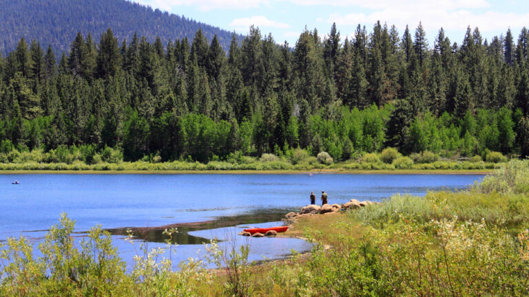 Two people are fishing in Nevada on the edge of a lake, near a red canoe. The lake is surrounded by tall green trees.