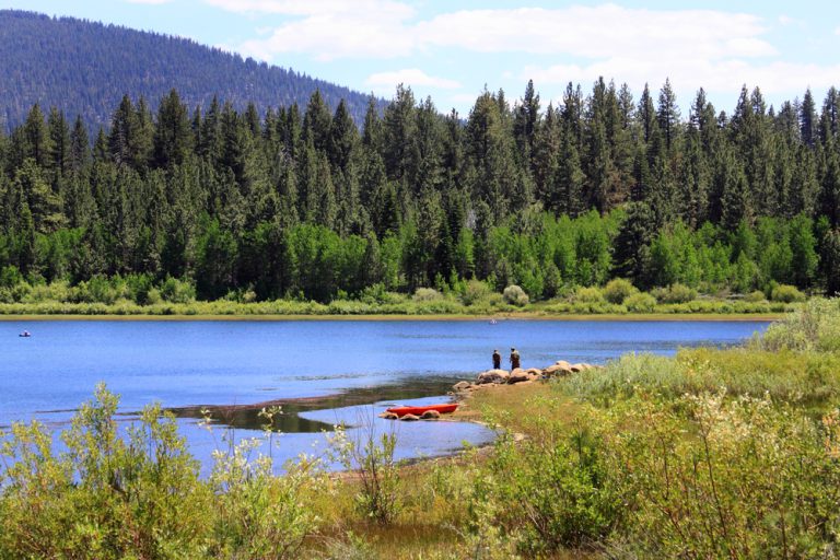 Two people fish on the edge of a lake, near a red canoe. The lake is surrounded by tall green trees.