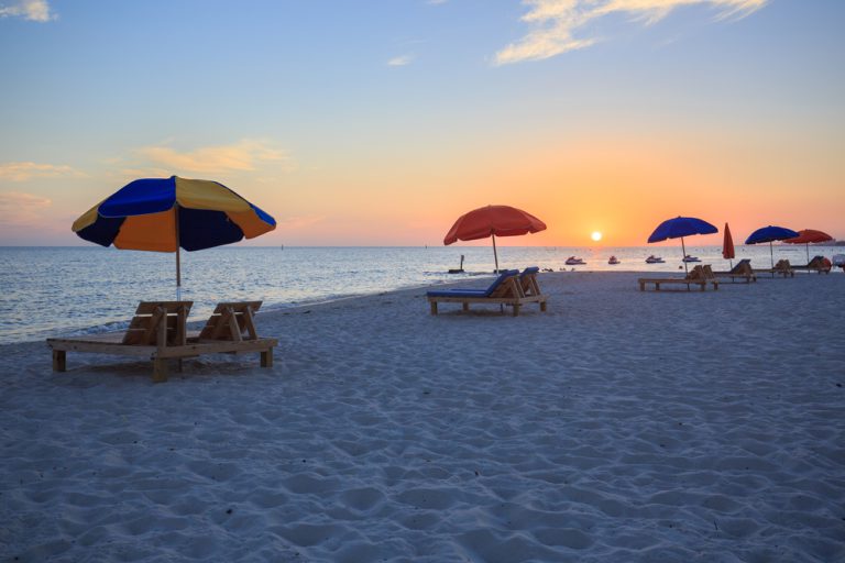 Sunset in Biloxi beach, Mississippi, along Gulf Coast shore