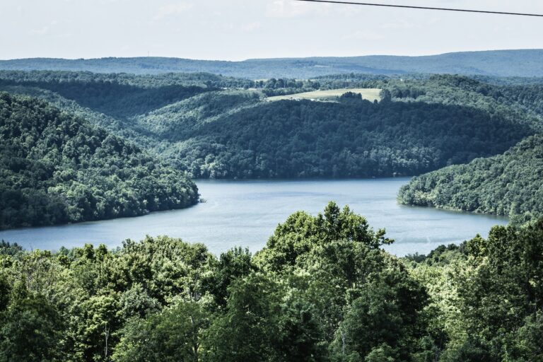 A blue lake meanders around densely forested Maryland hills beneath an overcast sky.