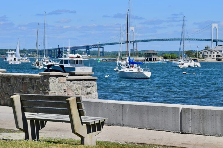 Sail and power boats sit at anchor with a bridge in the background under a radiant sky with a few clouds.