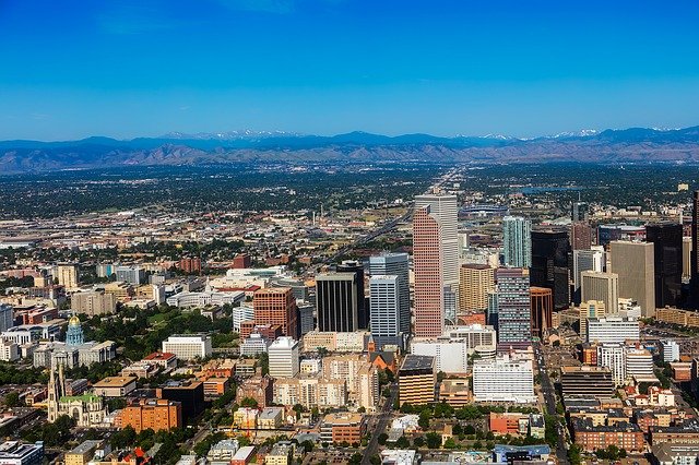 an aerial shot of downtown Denver in a clear day