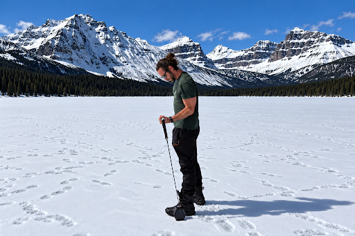 Using the portable Rayofi in the snow to get a quick workout in