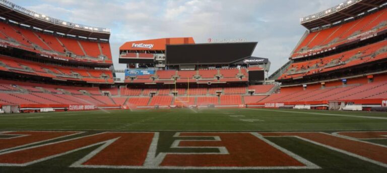 the Cleveland Browns stadium is a great spot for NFL tailgating. Here, we see an empty stadium before the game