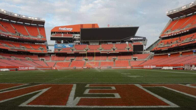 the Cleveland Browns stadium is a great spot for NFL tailgating. Here, we see an empty stadium before the game