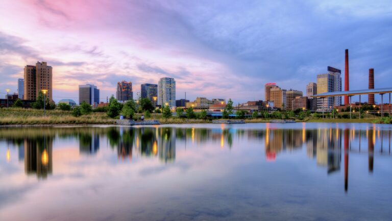 Birmingham from across the water. This is the perfect place for urban camping in Alabama.