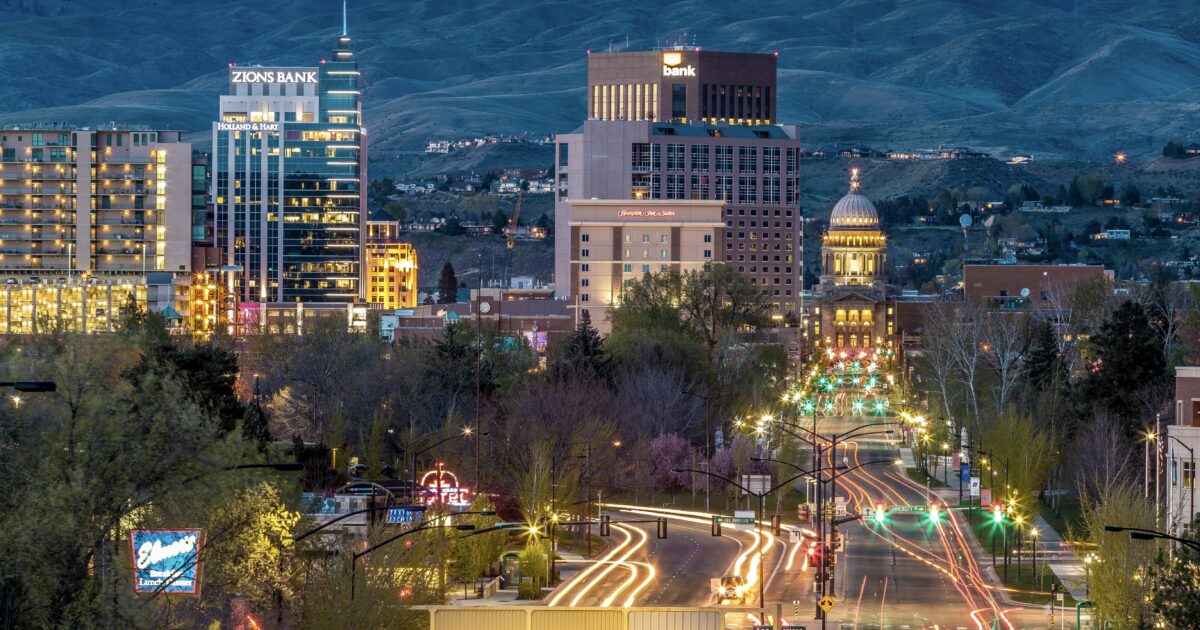 A nighttime view of Boise, the perfect place for urban camping in Idaho