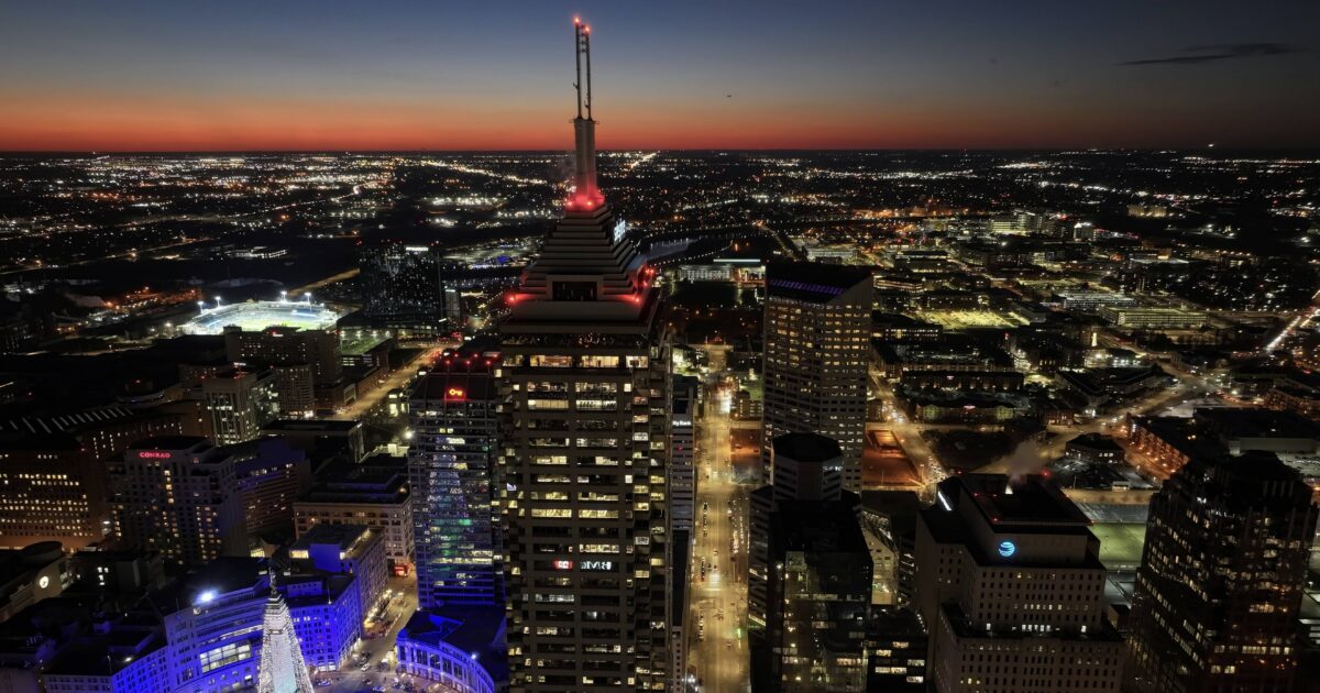 Indianapolis from above at night, this is the perfect place for urban camping in Indiana