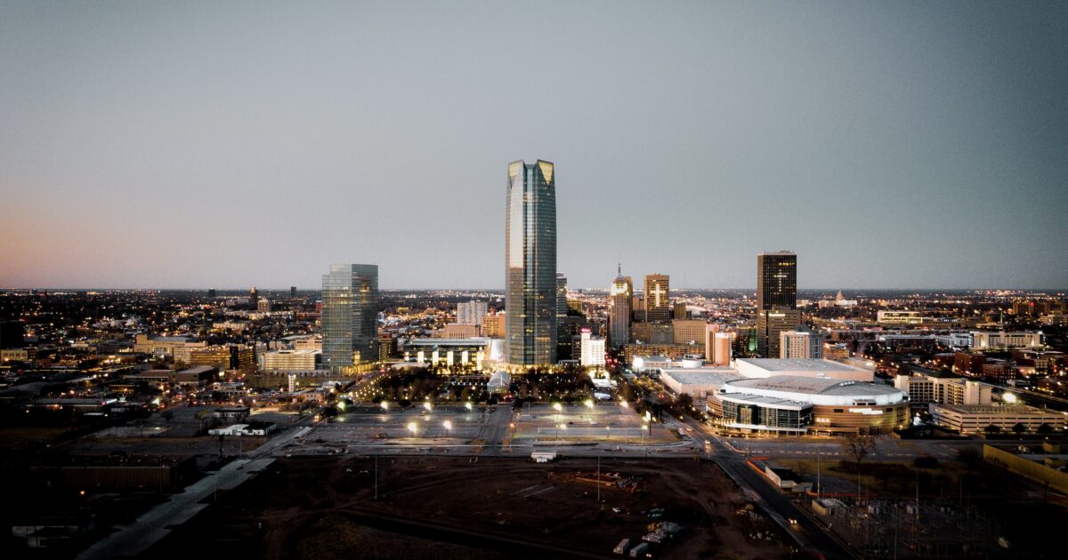 A nighttime view of Oklahoma City, one of the best cities for Oklahoma urban camping