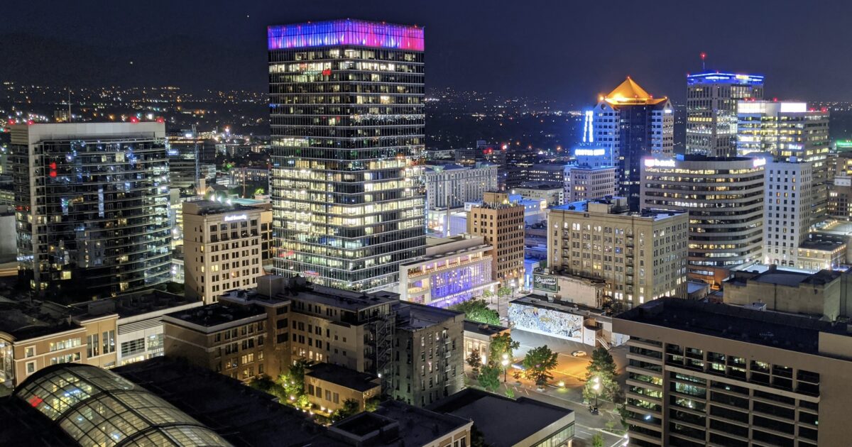A nighttime view of Salt Lake City, one of the best cities for Utah urban amping