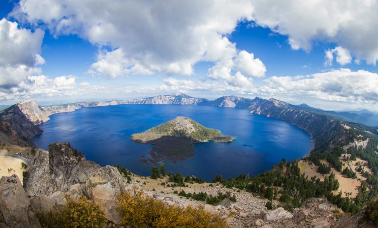 wide angle view of Crater Lake form the top of Watchman's Peak, beautiful landscape in Oregon