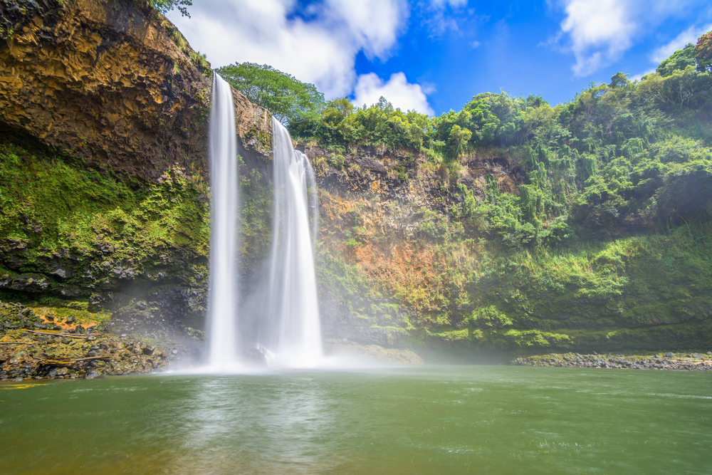 Amazing twin Wailua waterfalls on Kauai island, Hawaii