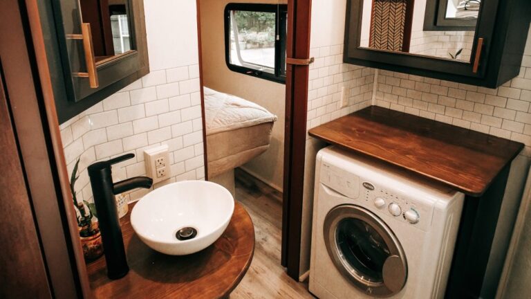 Bathroom/laundry combination inside a fifth-wheel RV