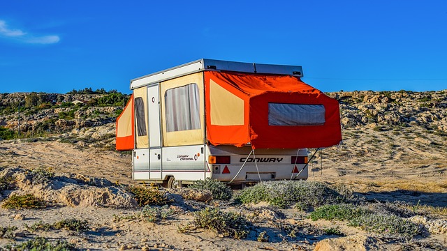 Pop up trailer set up in the desert