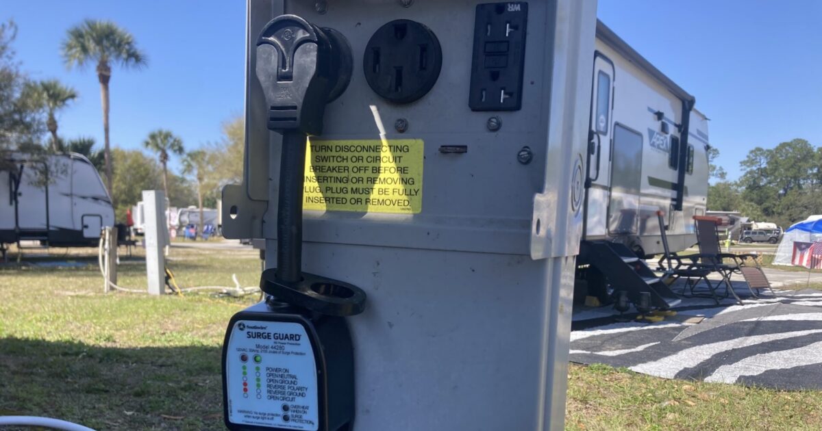 An RV electrical hookup pedestal