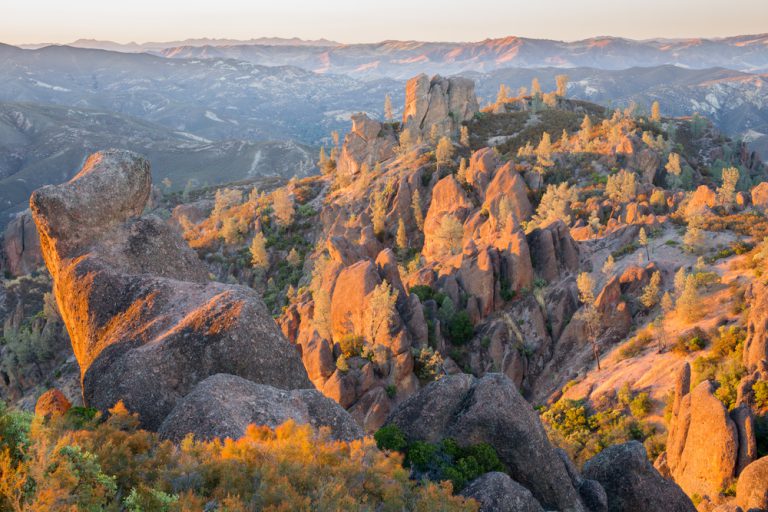 Last Sunlight on High Peaks at Pinnacles National Park. San Benito County, California, USA.