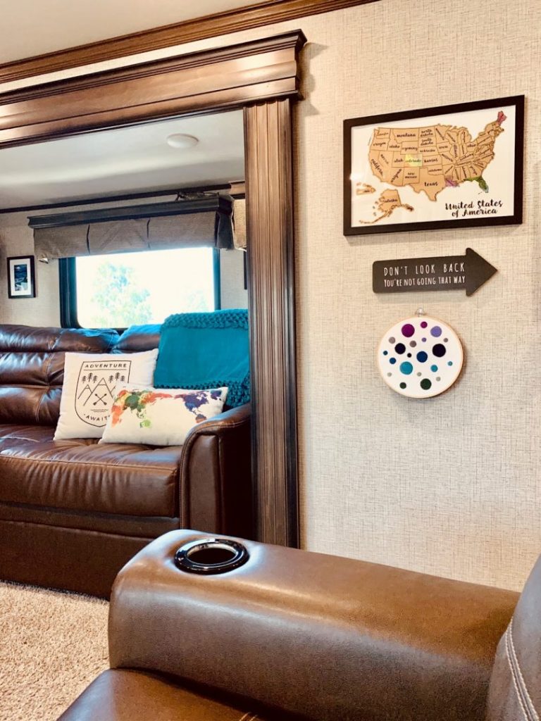 colorful interior of a fifth wheel rv