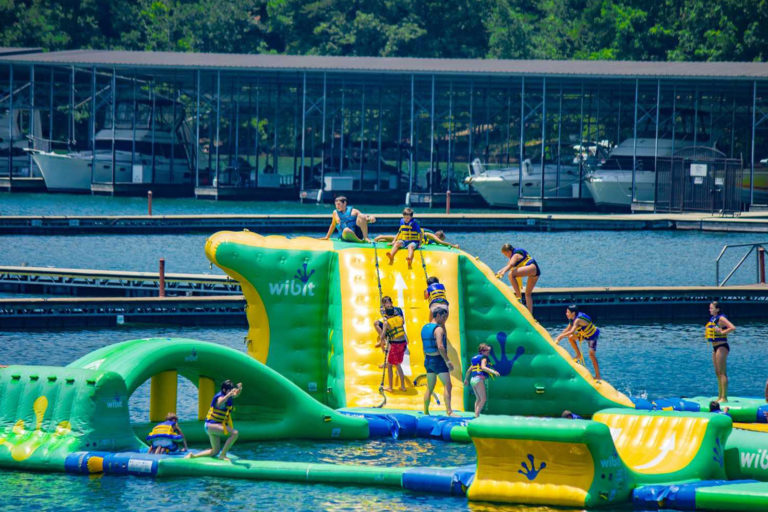 inflatable climbing structure in the water