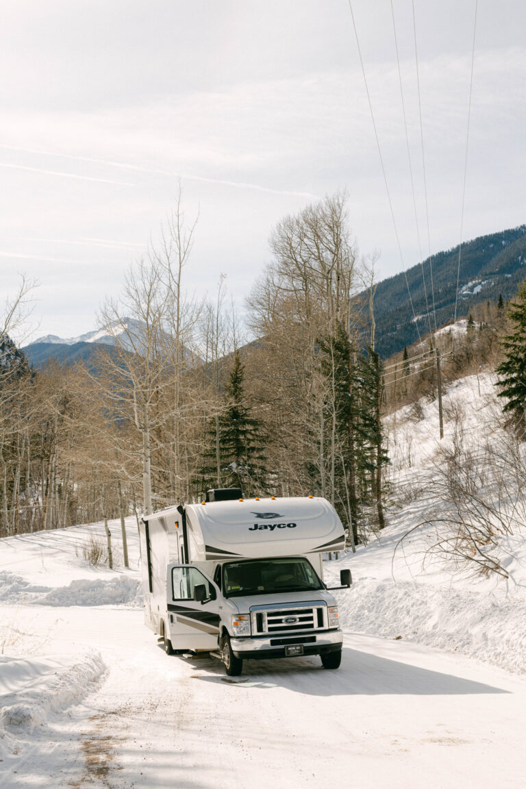 An RV in the snow