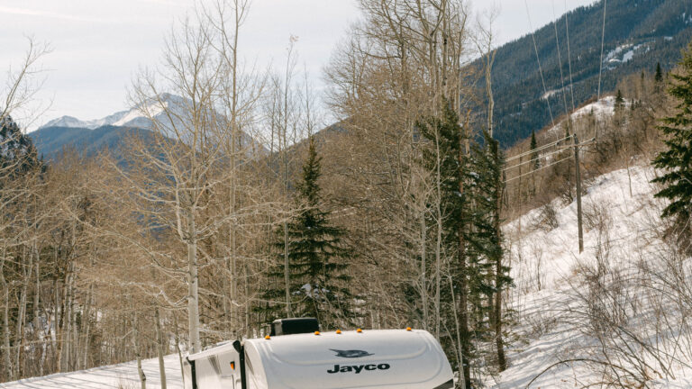 An RV in the snow