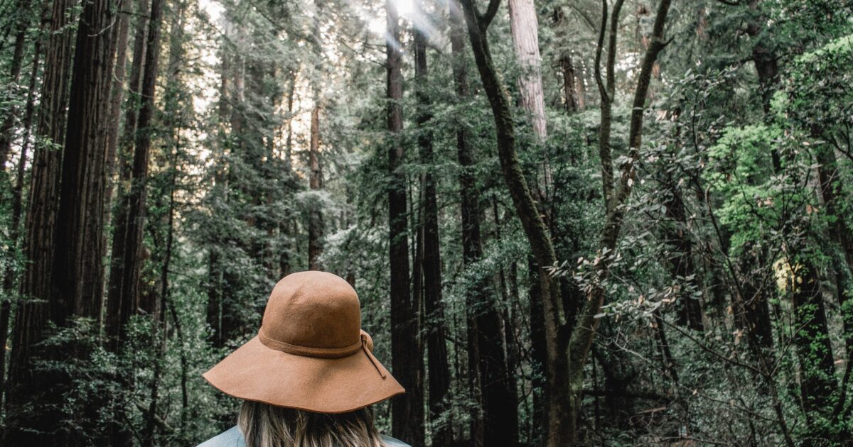 woman with hate standing in a forest